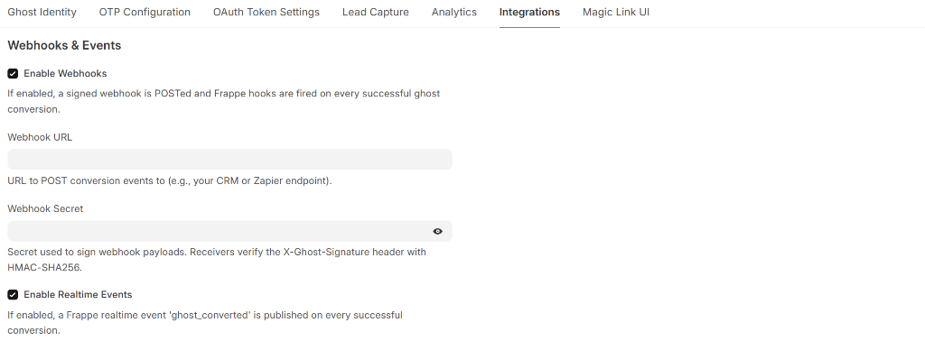 Ghost Settings - Integrations Tab