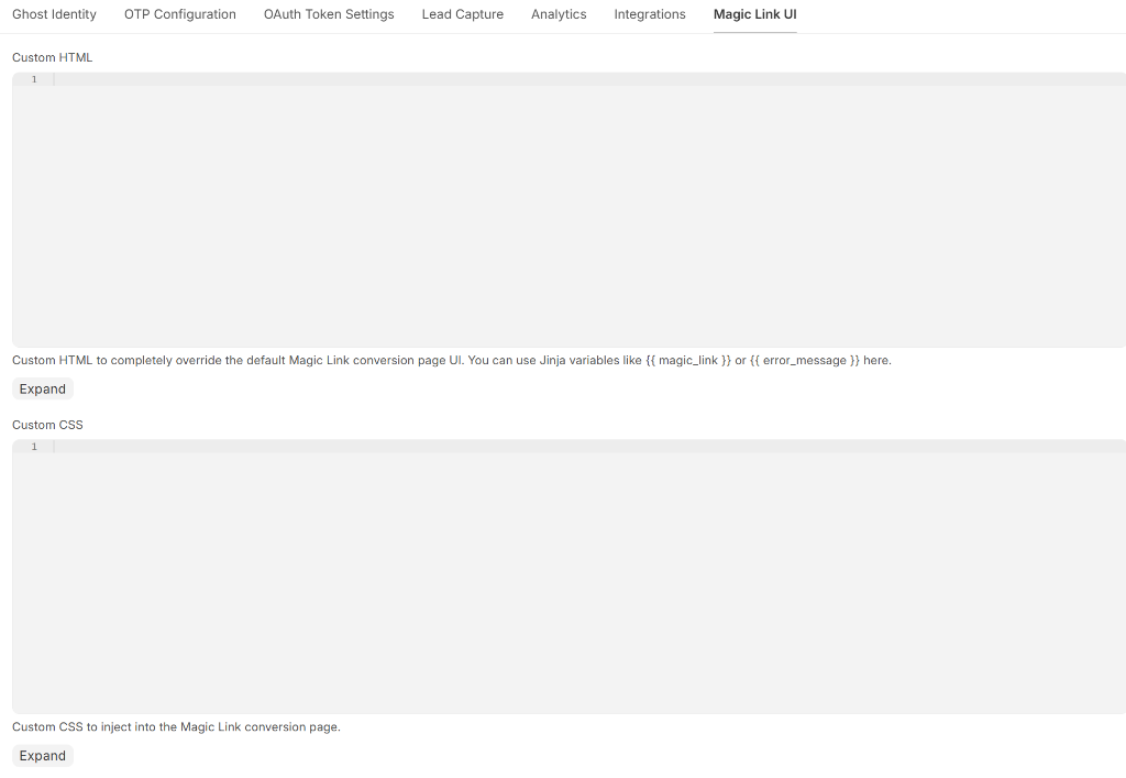 Ghost Settings - Magic Link UI Tab