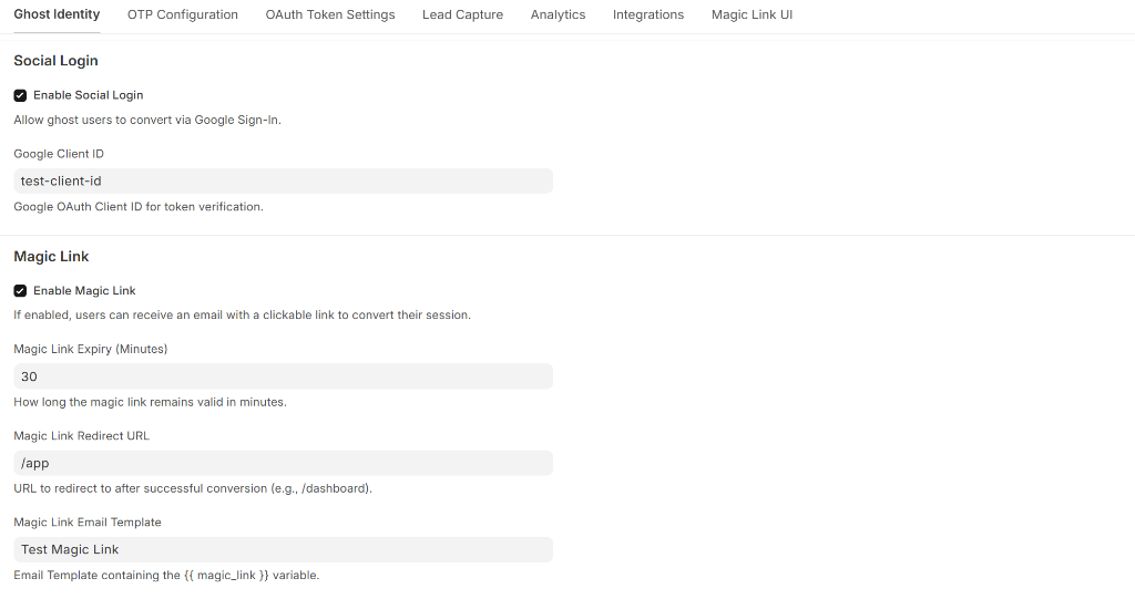 Ghost Settings - Magic Link section