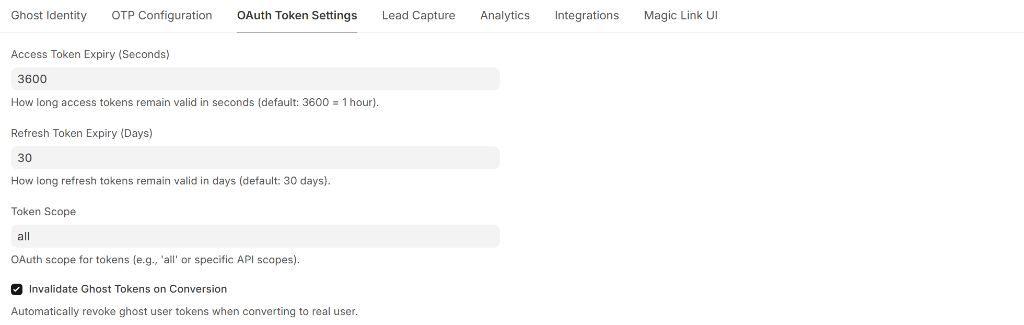 Ghost Settings - OAuth Token Settings Tab