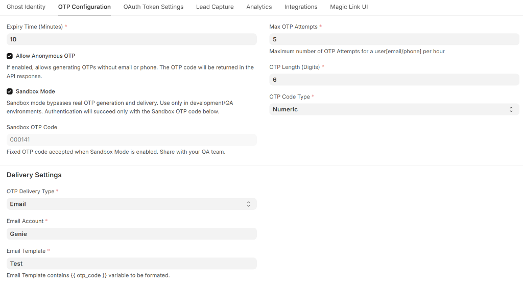 Ghost Settings - OTP Configuration Tab
